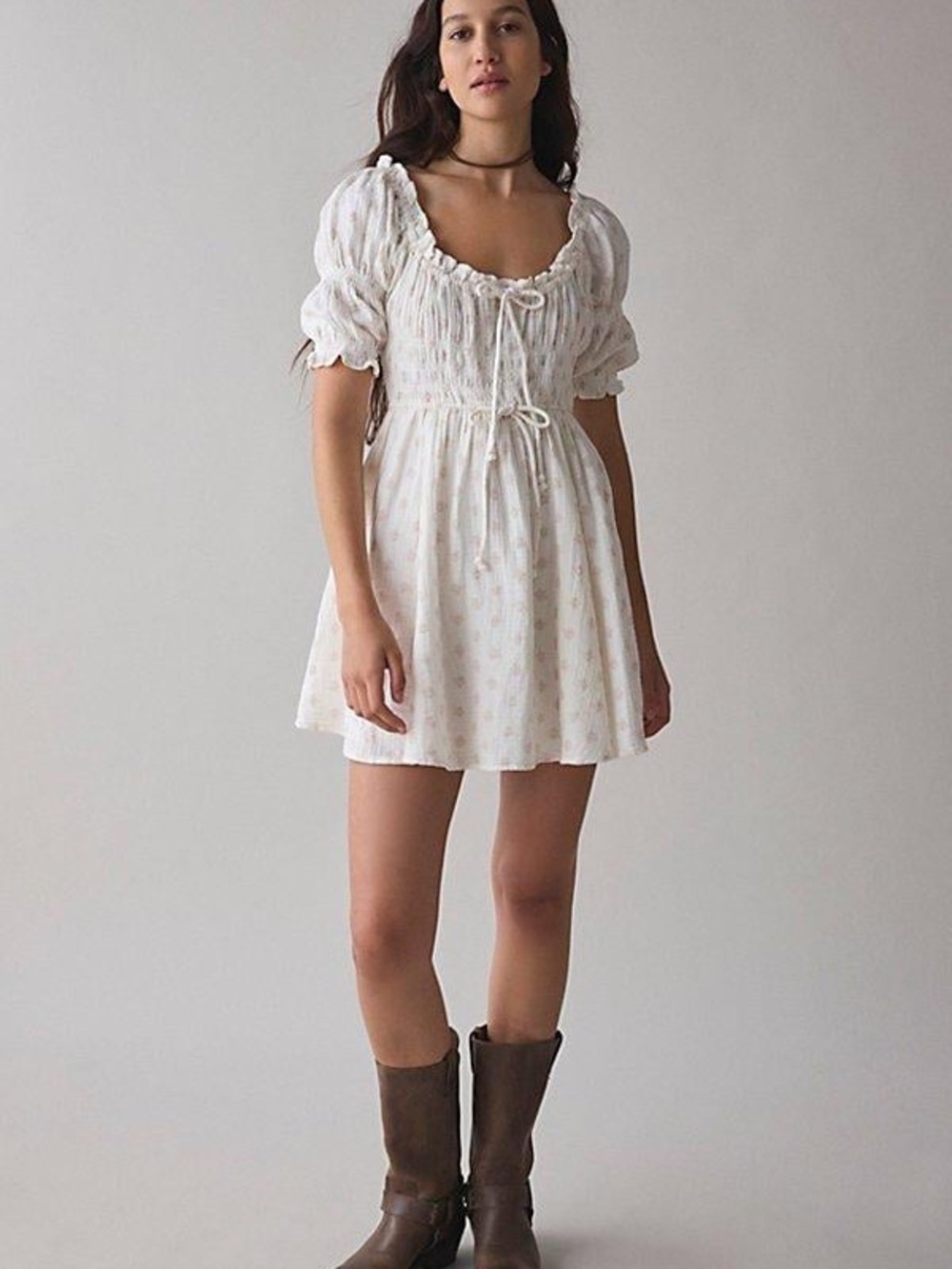 Kimchi Blue Sofia Smocked Tie-Front Bow Mini Dress XS urban outfitters